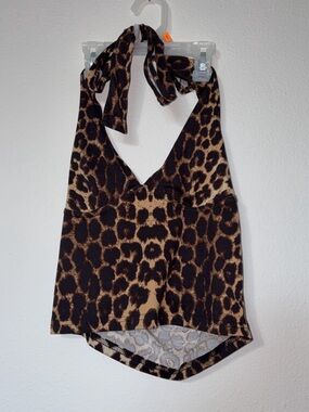 SHEIN Leopard Print Halter Crop Top - Brown/Black